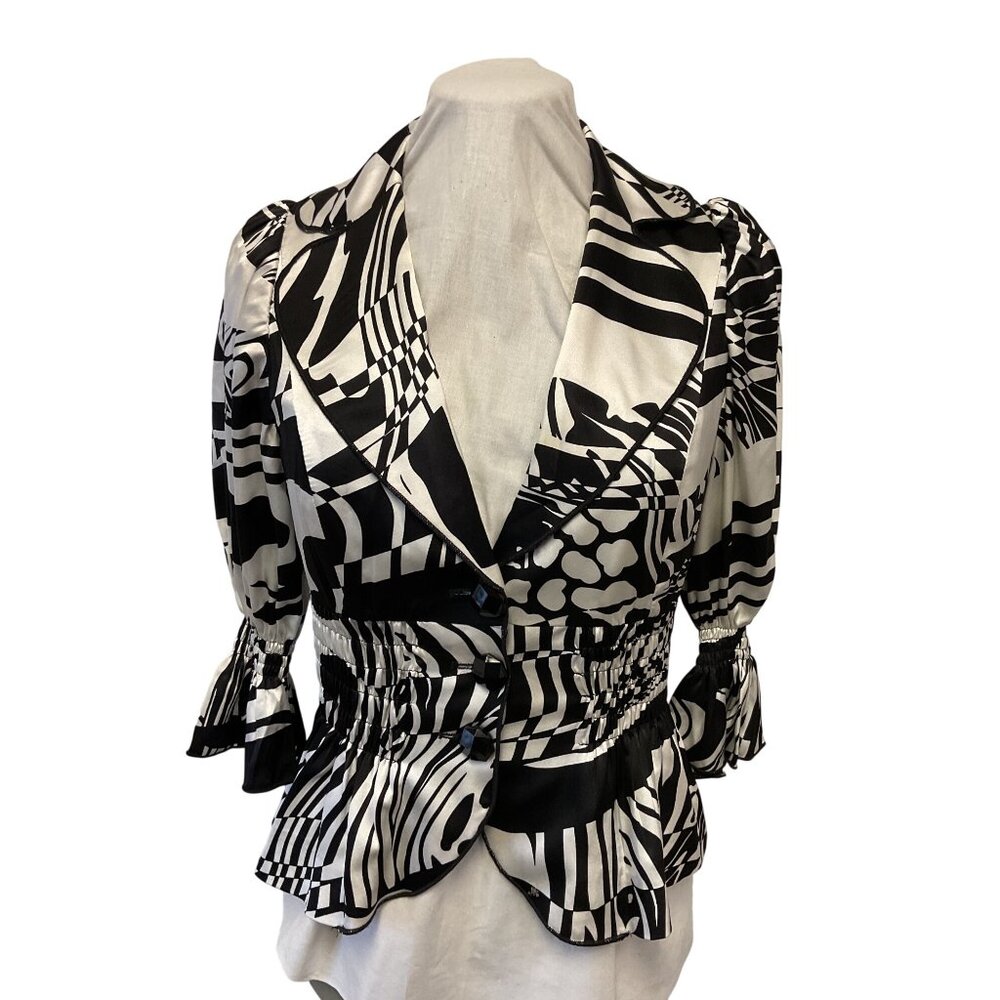Alberto Makali Black & White Abstract Print Silk Jacket Size 2 With Button Front